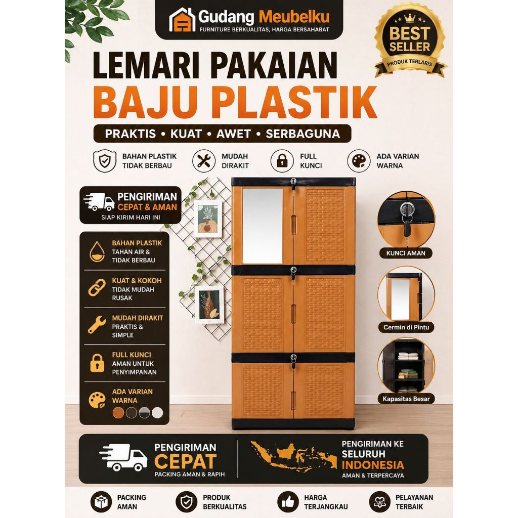 Lemari pakaian baju plastik cabinet murah tahan lama Lemari Plastik Baju 3 Susun Full Kunci Anti Air
