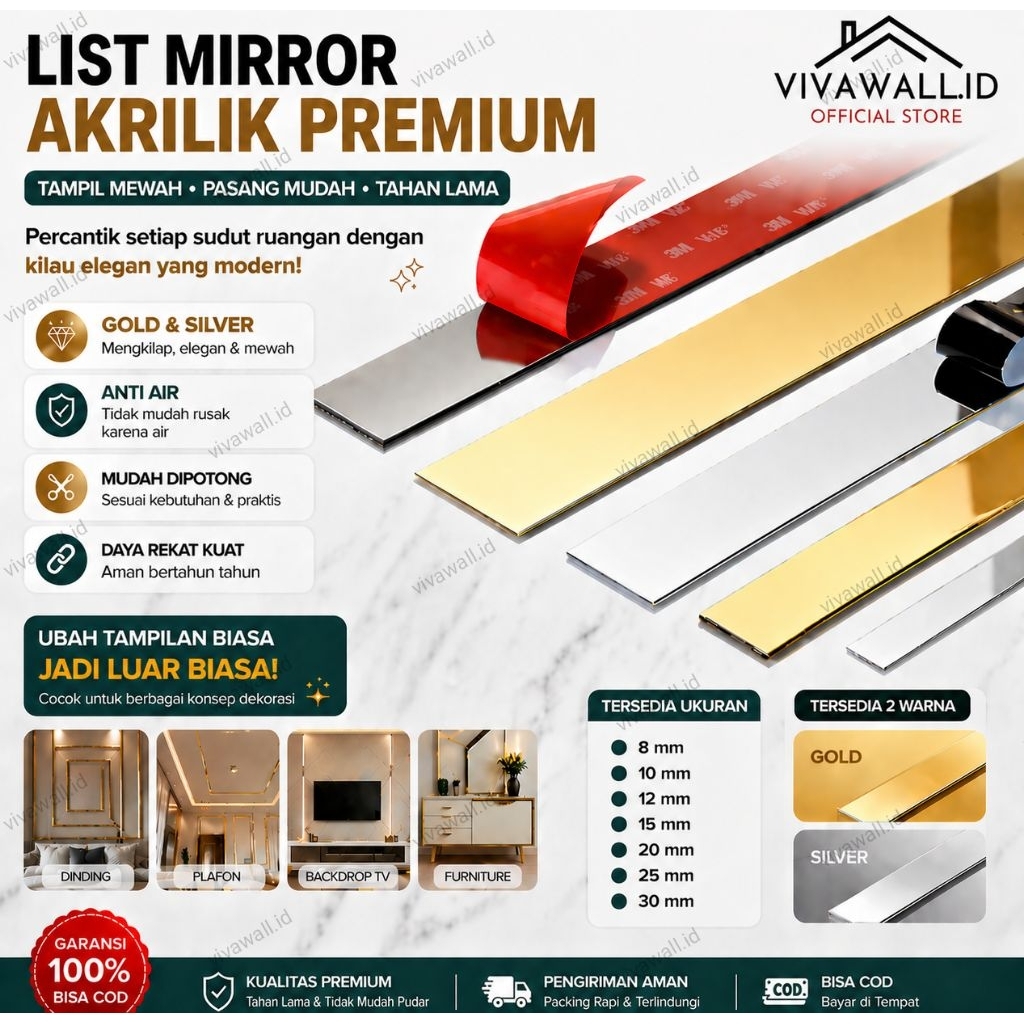 List Mirror Meteran Lis Les 8 mm 12 mm 15 mm 20 mm 25 mm 30 mm 1cm 2 cm 3 cm Gold Silver Ceiling Str