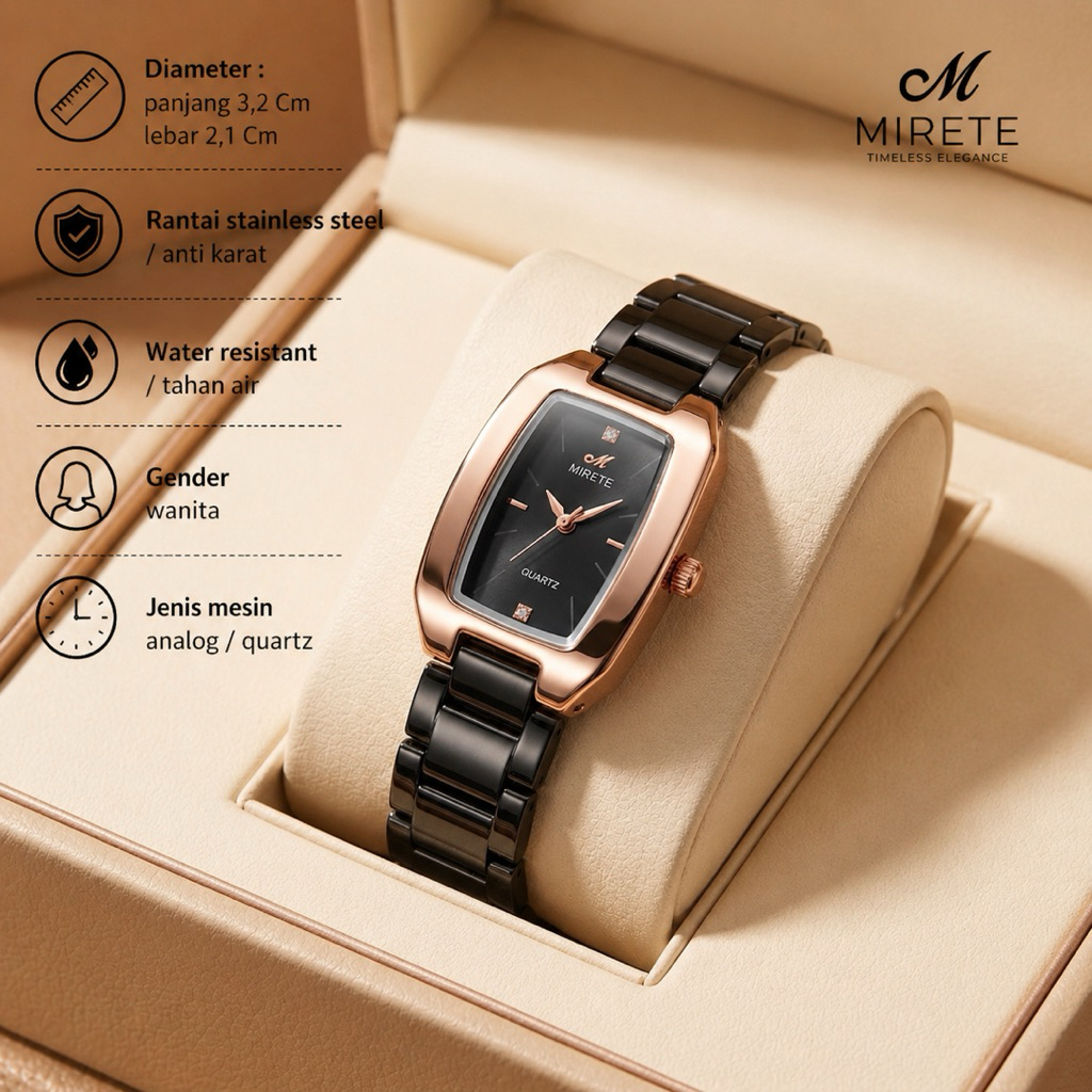 Jam Tangan Wanita Mewah Mirete M302 Quartz Elegan Casual Formal Waterproof