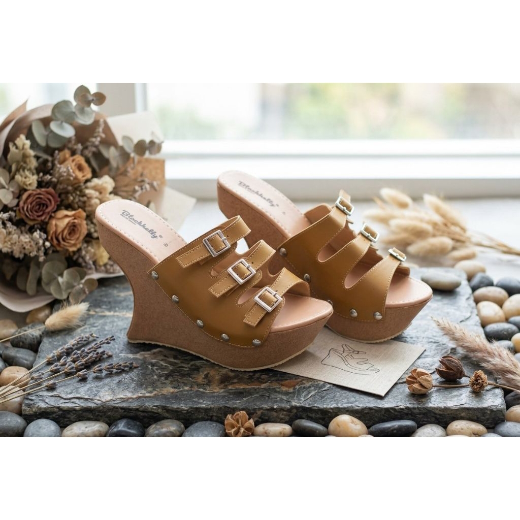 Sandal Wedges Wanita Strappy Buckle - Coklat Elegant (Heels 13cm)