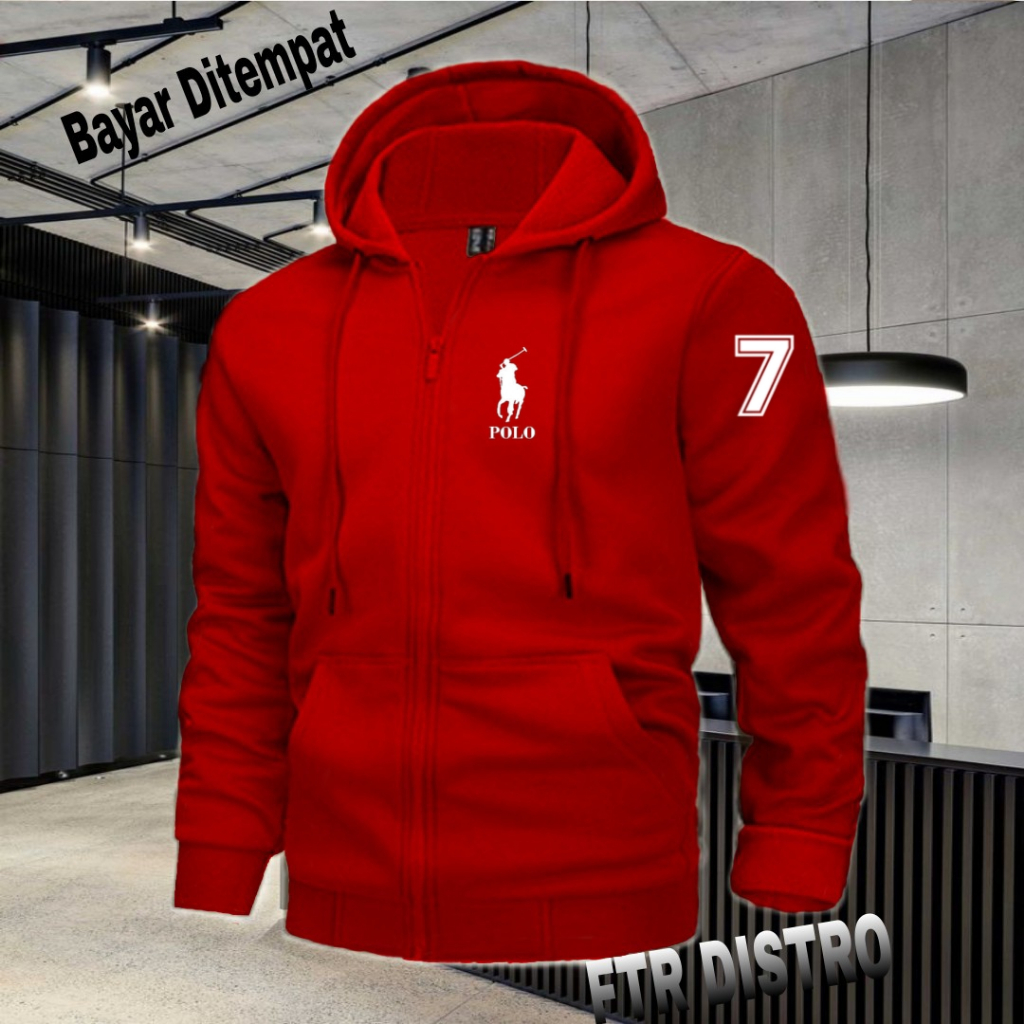 (COD) Jaket Resleting Distro Logo Polo+7 Text Putih Jaket Pria Wanita Terkeren Jaket Denim Distro Ka