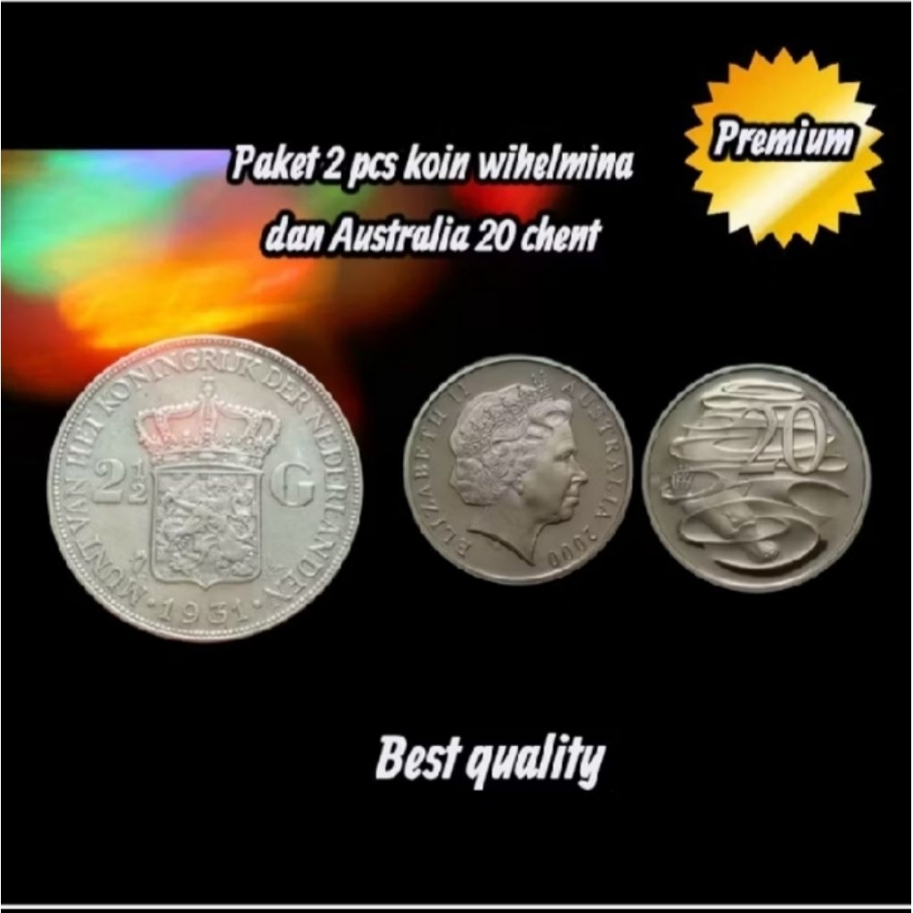 PAKET 2PCS KOIN PERAK SILVER NEDERLAND BELANDA WILHELMINA 2½ G 1943 / 20 CHENT AUSTRALIAN