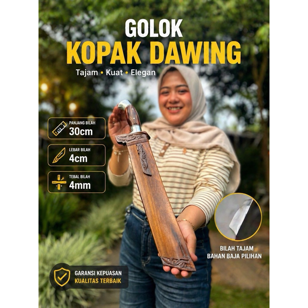 GOLOK KEBUN KOPAK RAWING KHAS BANTEN KAYU JOHAR BAHAN BAJAPER PB 30cm