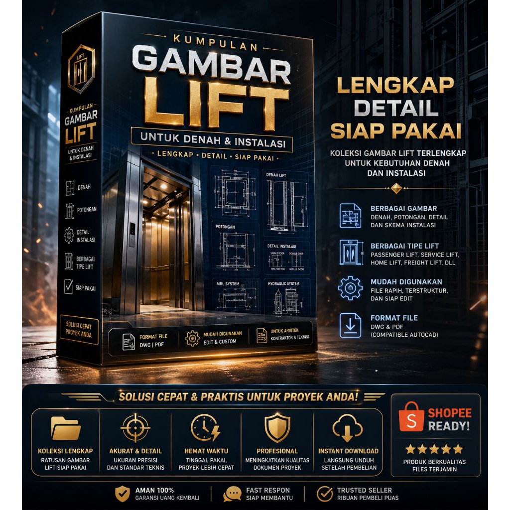 Kumpulan Gambar Lift Lengkap untuk Denah & Instalasi | DWG + PDF | Siap Pakai & Edit (AutoCAD Compat