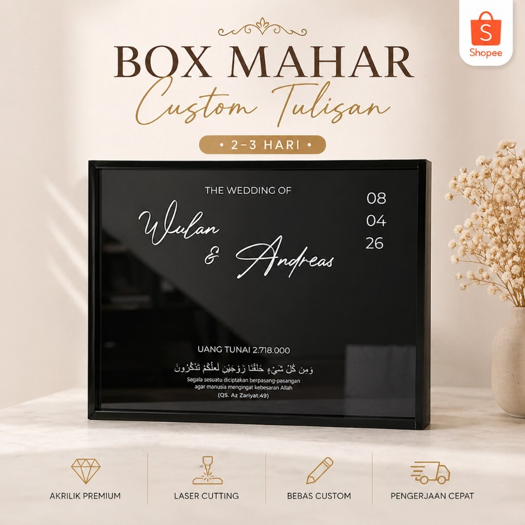 BOX AKRILIK HITAM GRAFIR NAMA Kotak Mahar Akrilik | BOX SLIDING MAHAR | Box Hitam Elegan Custom Tran