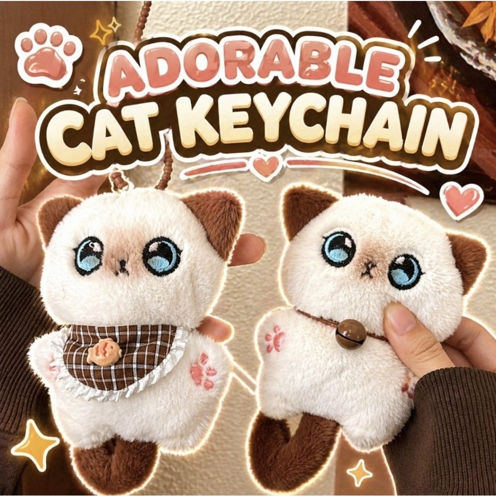 Gantungan Kunci Plush Keychain Lucu Bentuk Boneka Kucing Adore Cat Mata Bulat Gantungan Tas Sekolah 