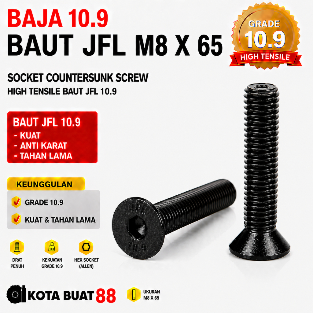 Baja 10.9 Baut JFL M8X65 / Baut Verseng L 8X65 / Countersunk L M8 X 65 / 8 X 65  - Socket Countersun
