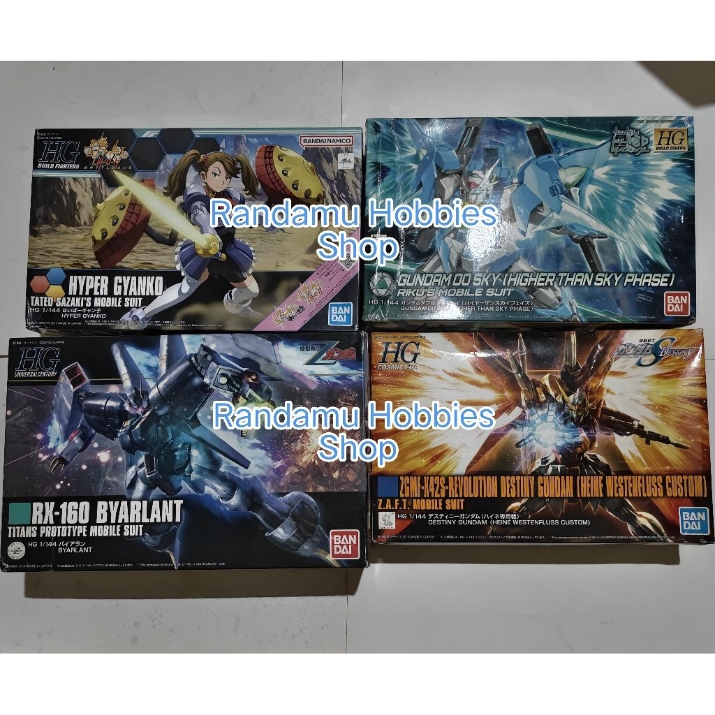 HG Destiny [Heine Westenfluss Custom], Hyper Gyanko, Gundam OO Sky Higher Than Sky Phase, & Byarlant