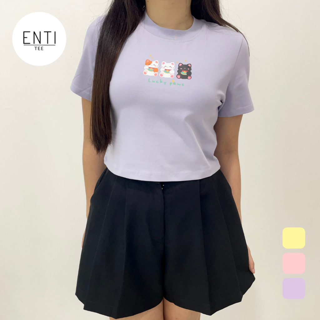 ENTITEE Baby Tee Lucky Paws | Korean Top | Kaos Crop Wanita | Crop Top | Cute Baby Tee | Baju Anak P