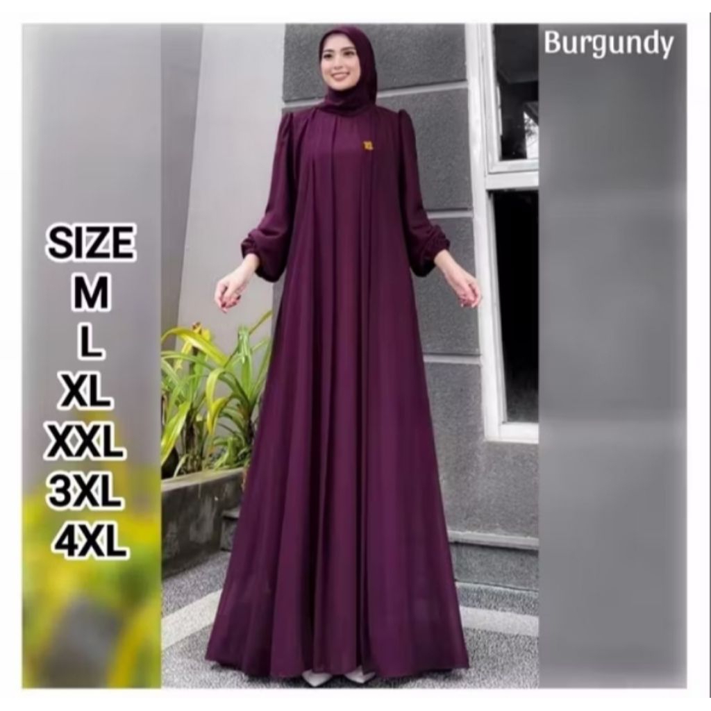 NEW SARAH MAXI GAMIS JUMBO HIJAB MOTIP POLOS BAHAN CERUTY  FUL PURING LENGAN BALON