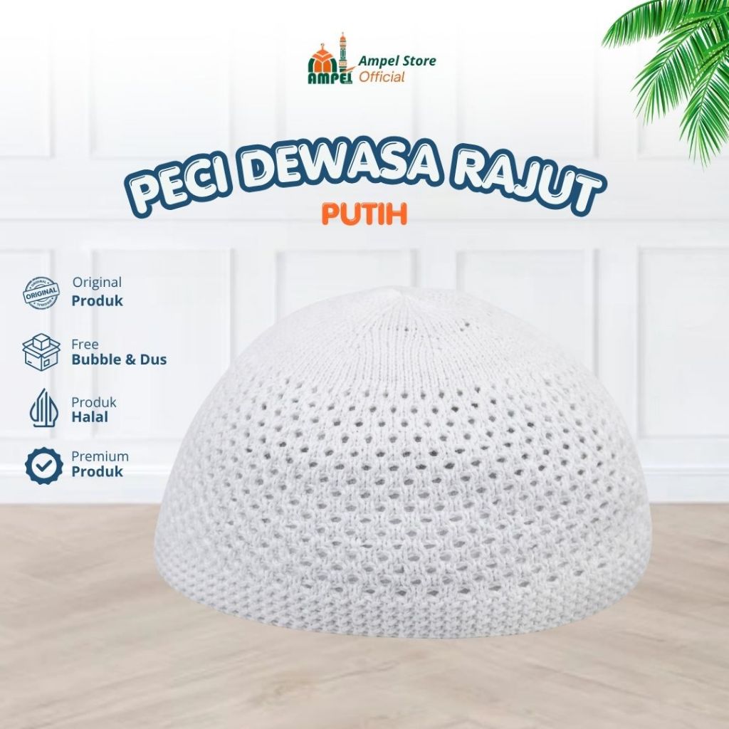 Peci Kopiah Rajut Tebal Warna Putih Dan Motif Untuk Oleh Haji Umroh Lentur Size Dewasa Asli Lokal