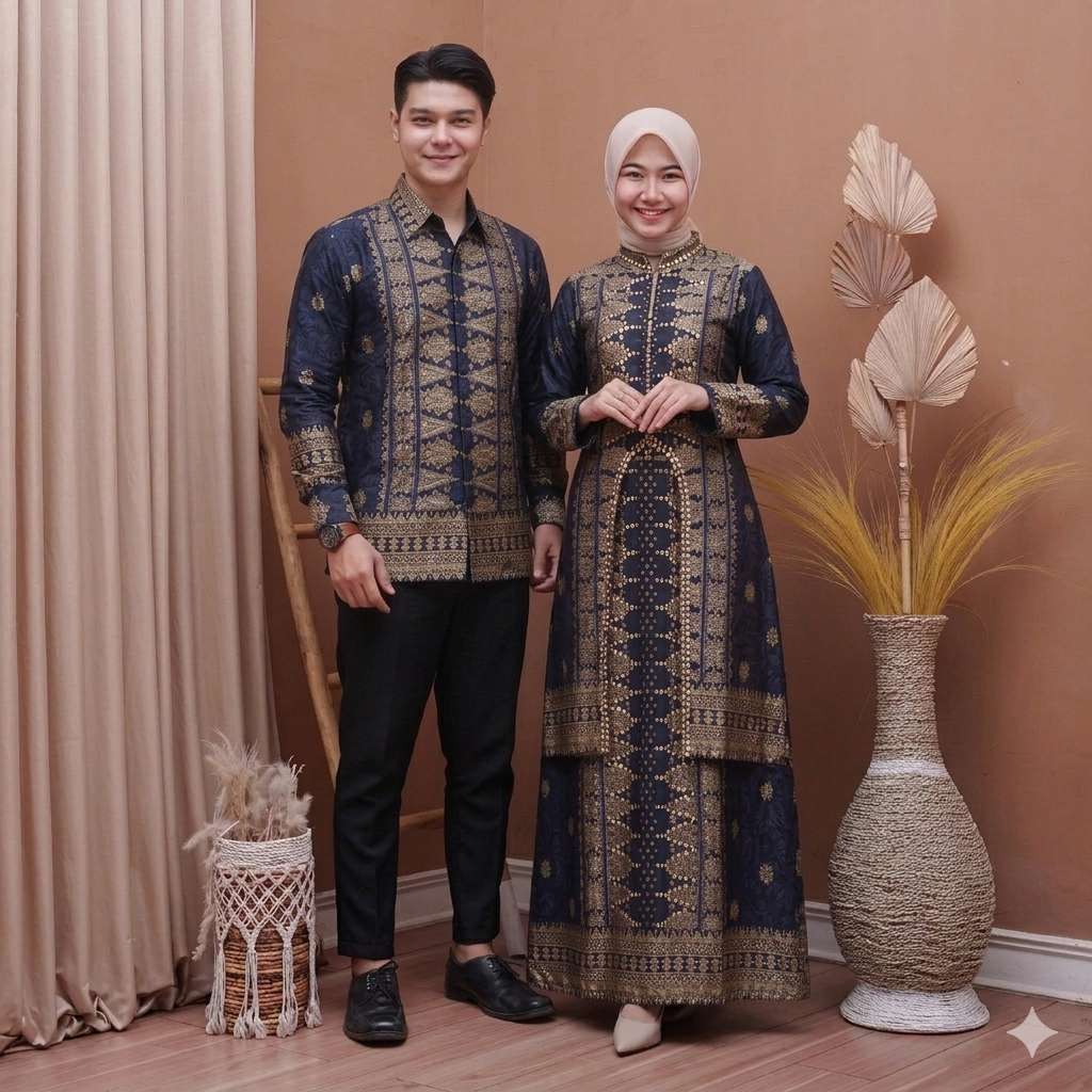 Datia Songket - Baju Couple Batik Songket Palembang - Setelan Kondangan Keluarga Mewah - Baju Pasang