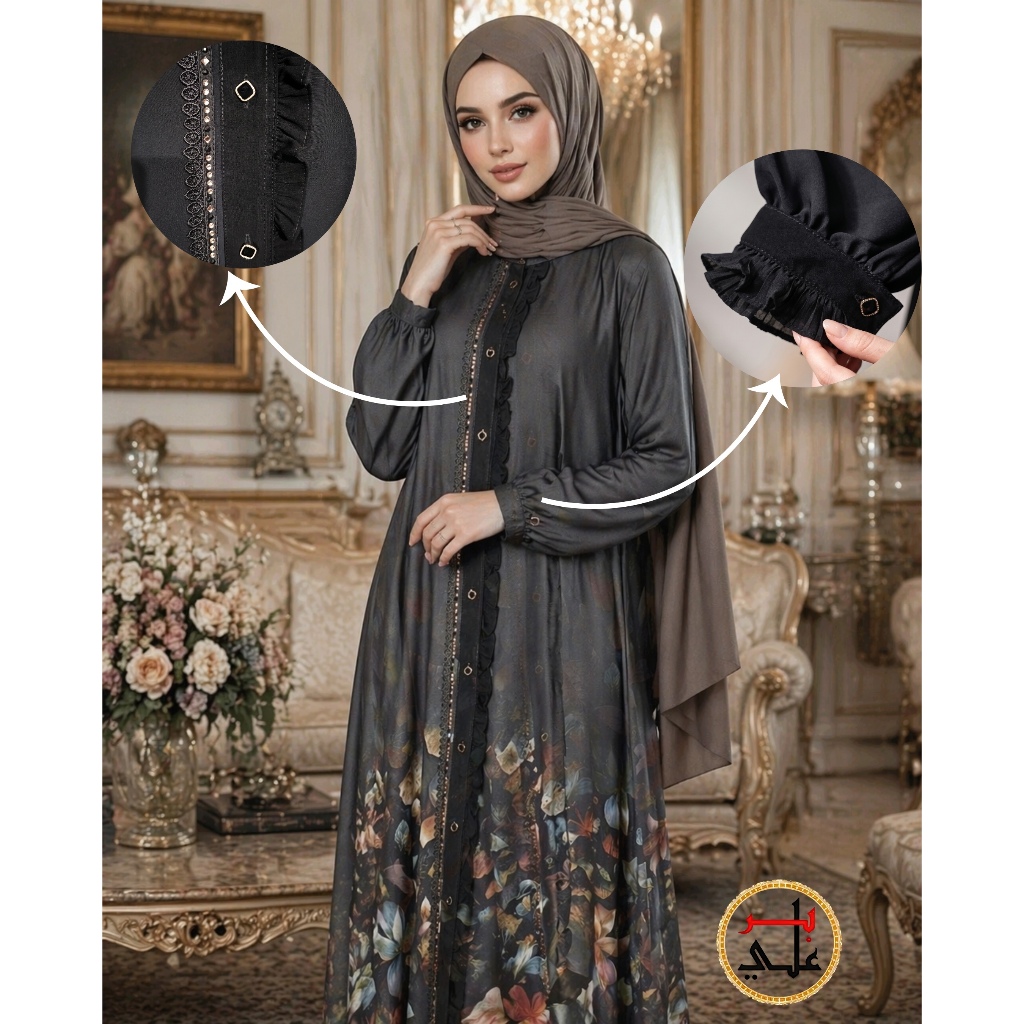 BIIR ALI Collection Abaya Arasha Hitam Printing Gradasi Busui friendly 2 in 1 Bahan Adem Halus Jatuh