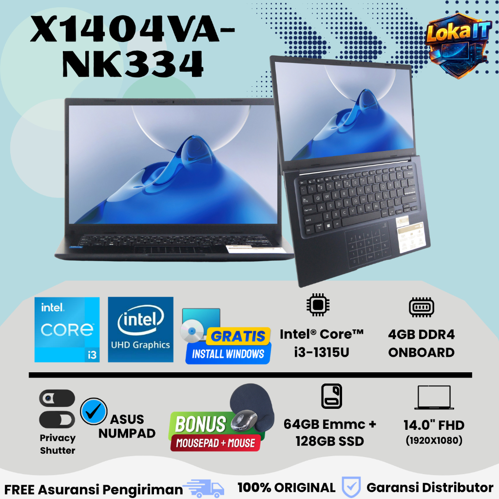 Laptop Kuliah Core i3 Asus Vivobook X1404VA-NK334 Core i3 gen 13 8Gb 512Gb 14 Inch Full HD Quiet Blu