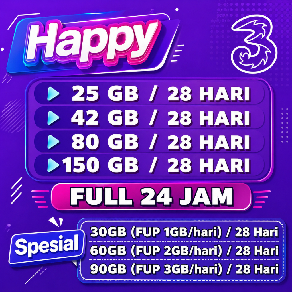 TRI Happy Kuota Internet 24 Jam 28/30 Hari Semua Nomor
