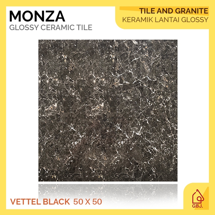 KERAMIK MONZA 50 X 50 VETTEL BLACK GLOSSY / KERAMIK LANTAI MOTIF MARMER GLOSSY
