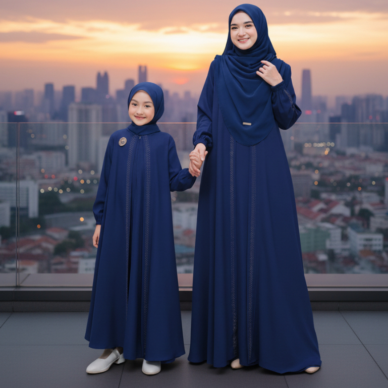 Mustika Colections Gamis Abaya Couple Ibu Dan Anak Perempuan Warna Navy Terbaru Cocok Jalan & Acara 