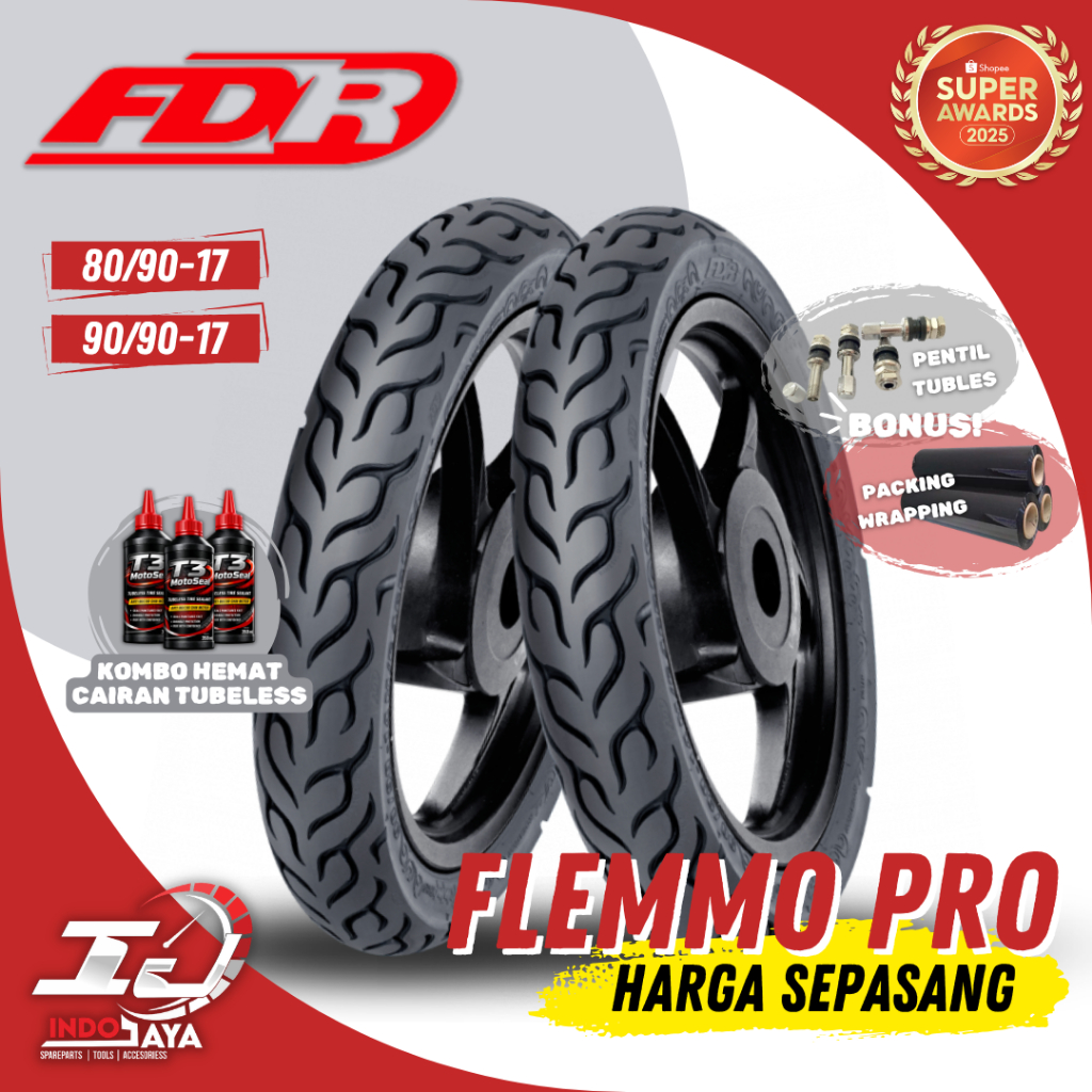 [PAKET MURAH SEPASANG] BAN TUBELESS FDR FLEMMO PRO (80/90-17 & 90/90-17) BAN LUAR MOTOR BEBEK DEPAN 