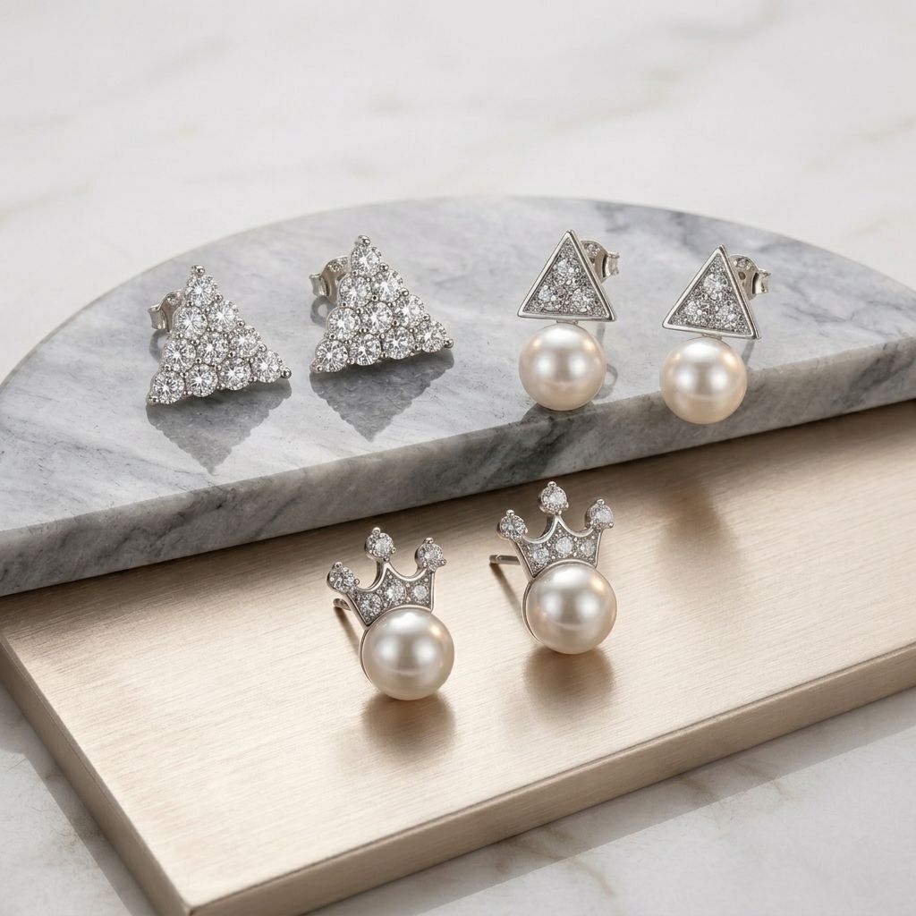 Anting Wanita Korea Mutiara Elegan Aksesoris Giwang Crown Triangle Silver Style untuk Pesta Pernikah