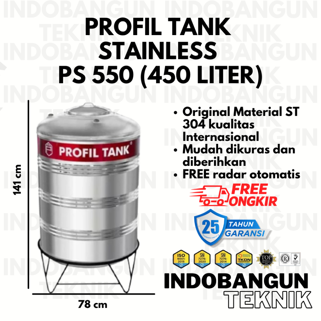 Profil Tank Stainless PS 550 450 Liter Toren Tangki Tandon Air + Kaki Murah garansi 25 Tahun
