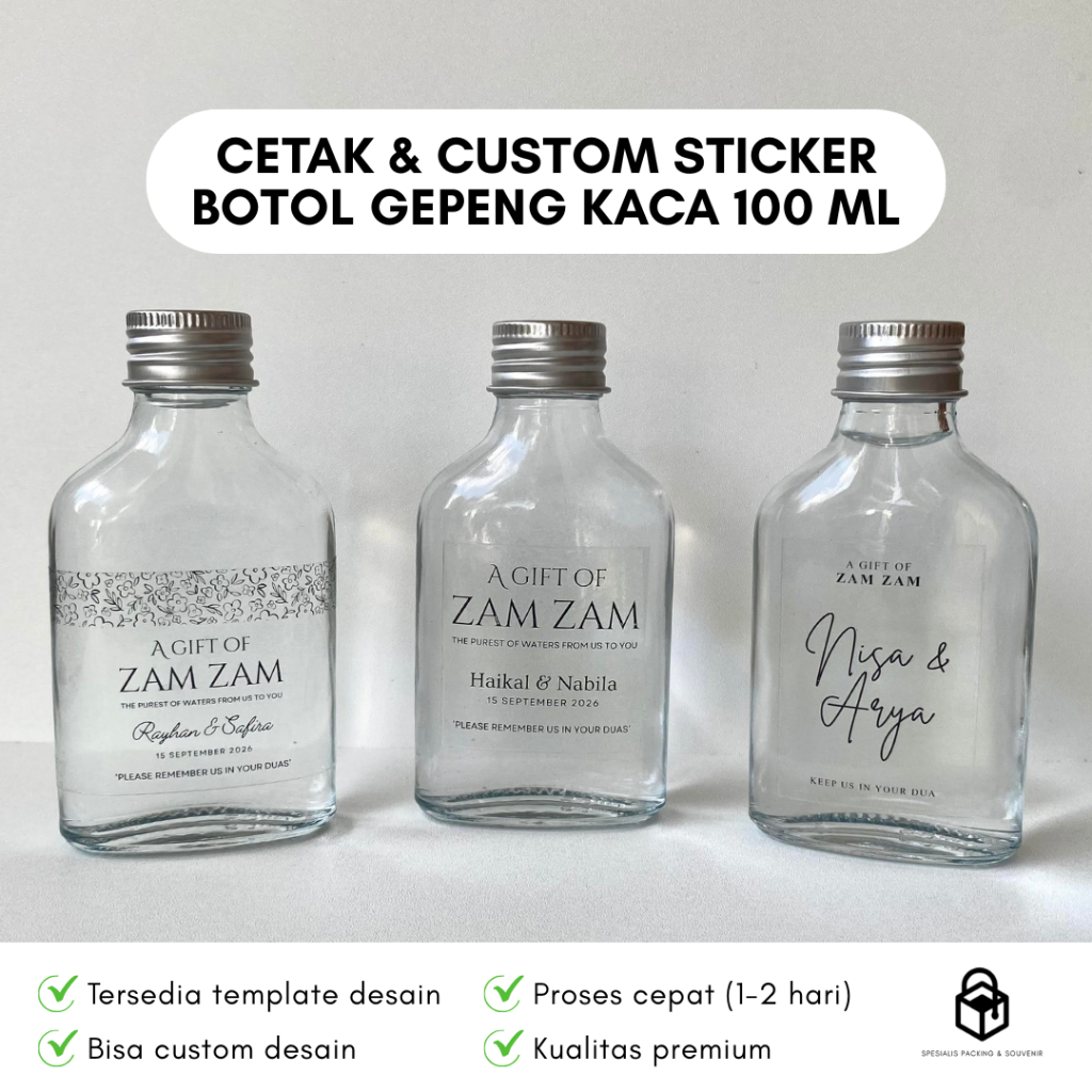 Cetak Custom Stiker Transparan Botol Gepeng Kaca 100ml | Print Label Sticker Logo