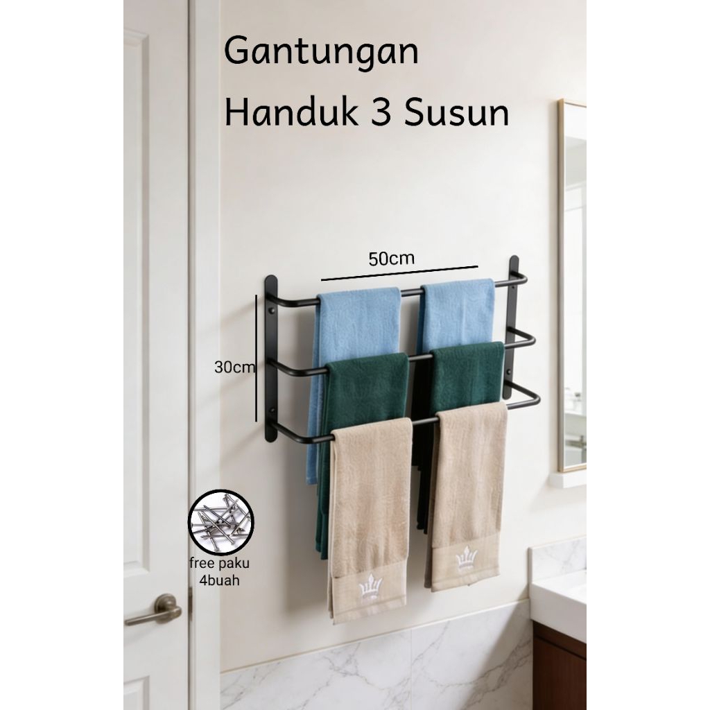 RAK GANTUNGAN HANDUK KAMAR MANDI,RAK HIJAB, RAK SAJADAH 3 SUSUN TEMPEL DINDING