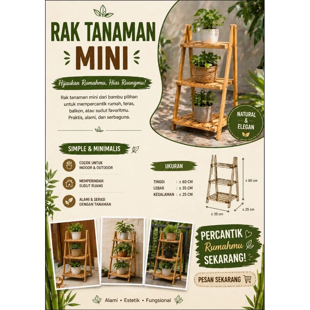 Rak Tanaman Mini Bambu Naturia | Rak Pot 3 Susun Minimalis Indoor Outdoor