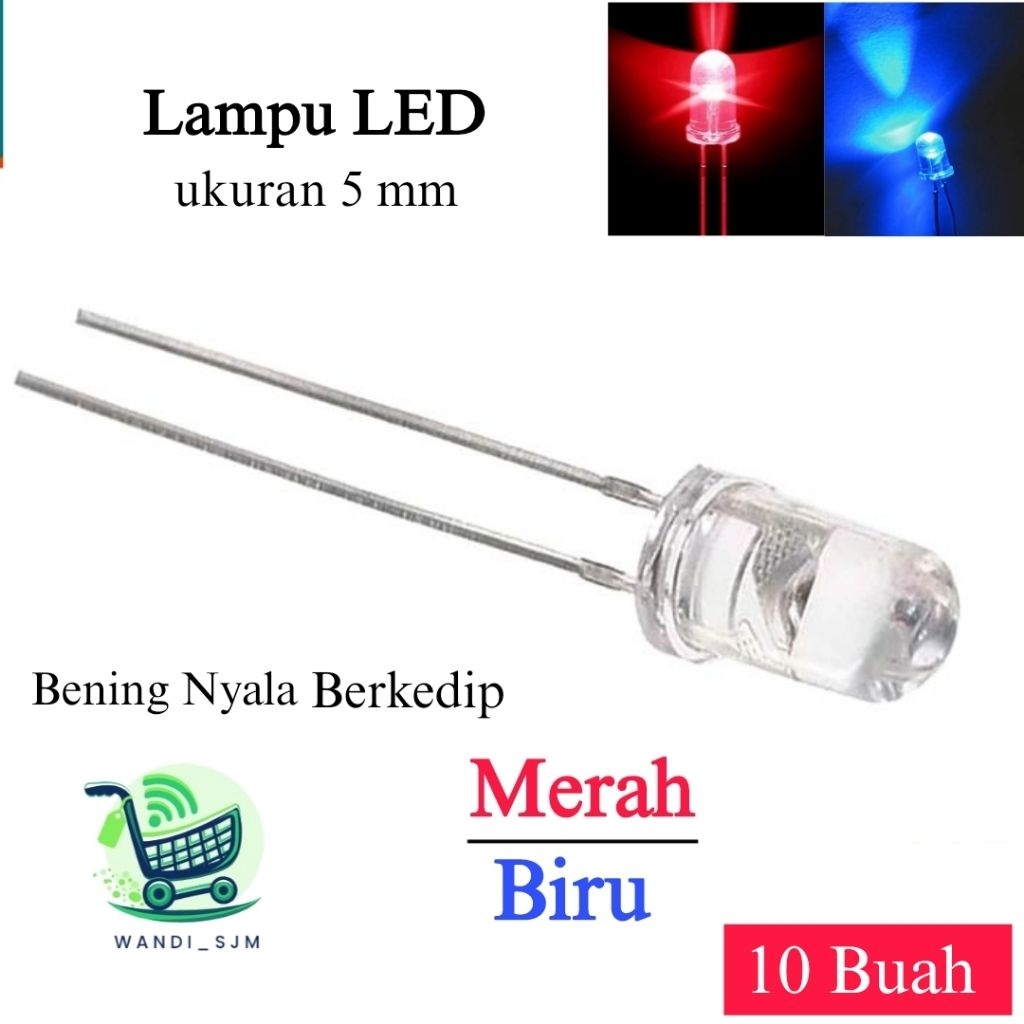 Lampu Led 5mm kedip merah biru bening nyala kedip merah biru 5 mm 10buah