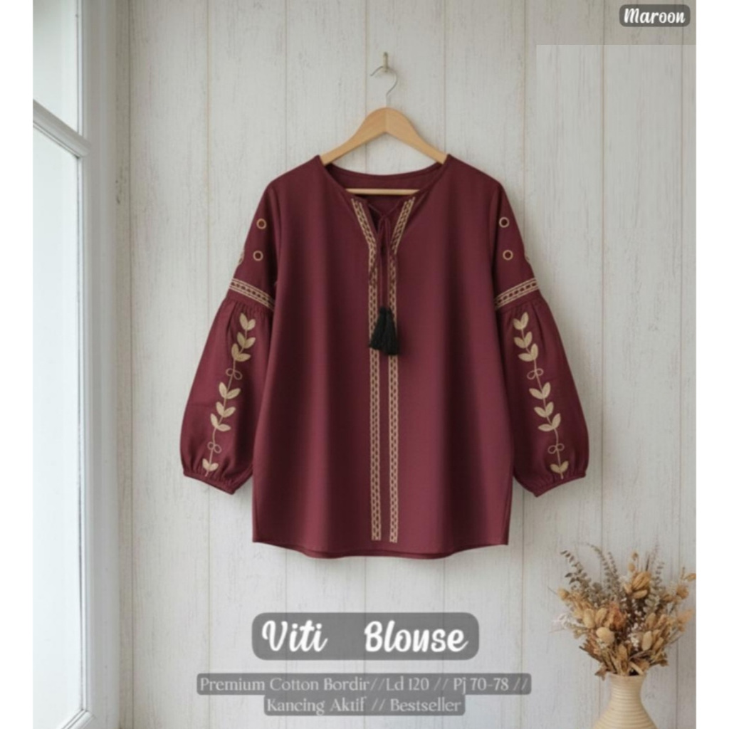 Viti top blouse merah maroon baju atasan wanita jumbo bordir