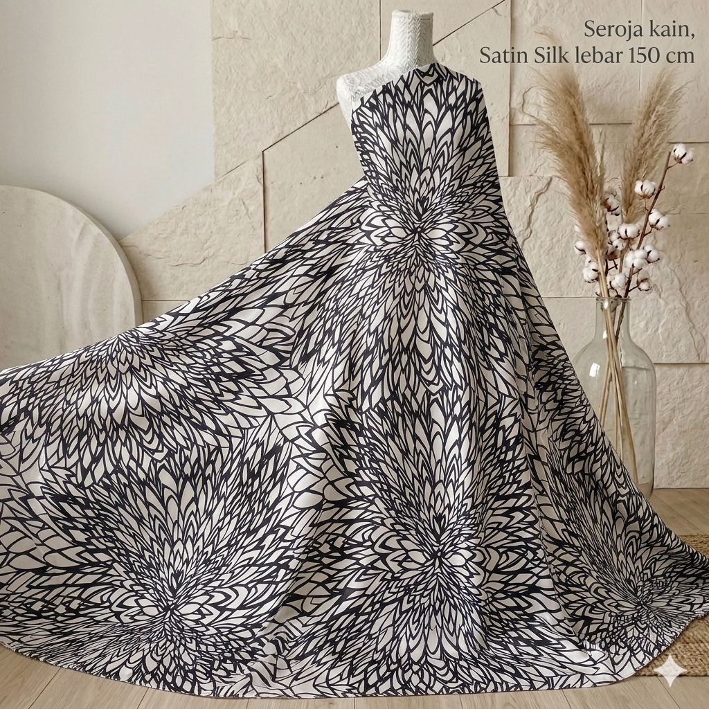 Kain Satin Silk Motif Abstrak Monochrome - Lebar 150cm Kyt