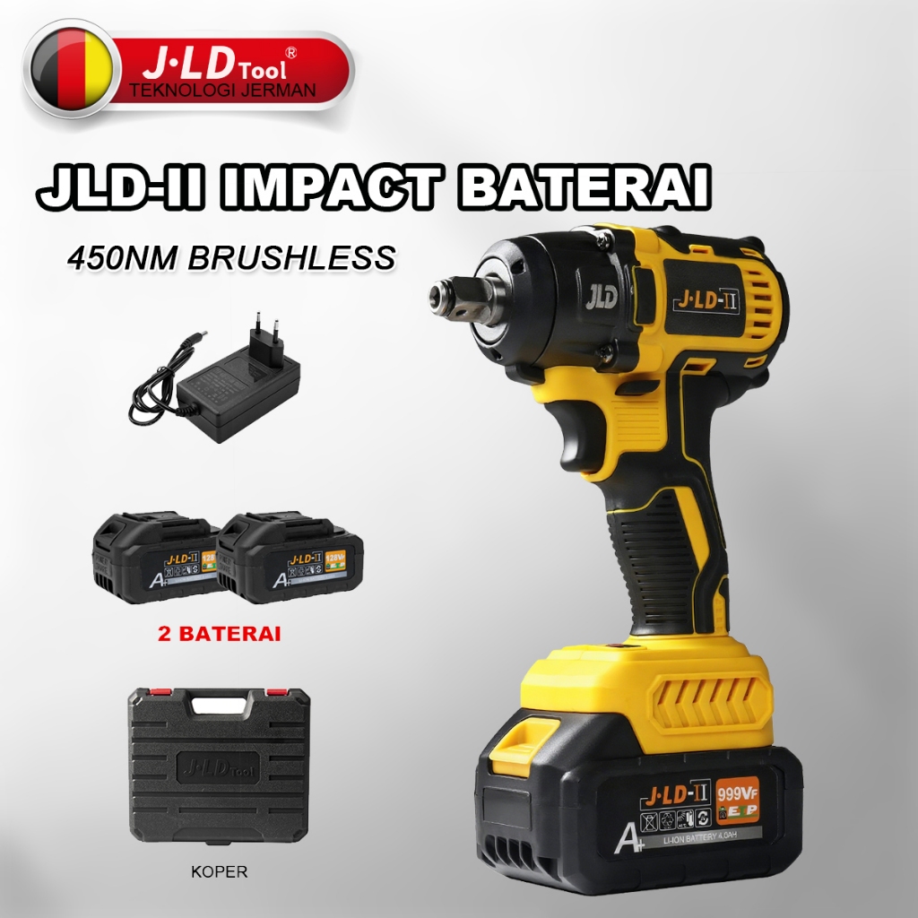 JLD Brushless & Cordless Mesin Bor Impact Set Murah Impact Wrench 128VF 2baterai JLD-II 450NM impact