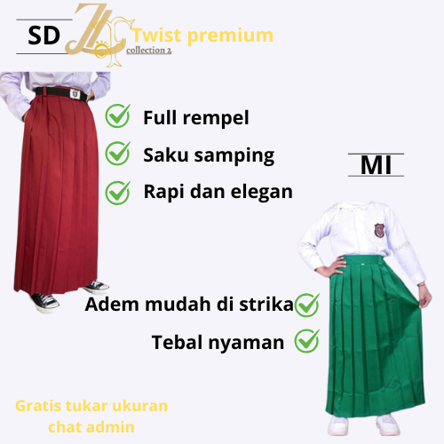 Rok seragam sekolah SD Panjang Kelas 1/2/3/4/5/6 XL rempel polos