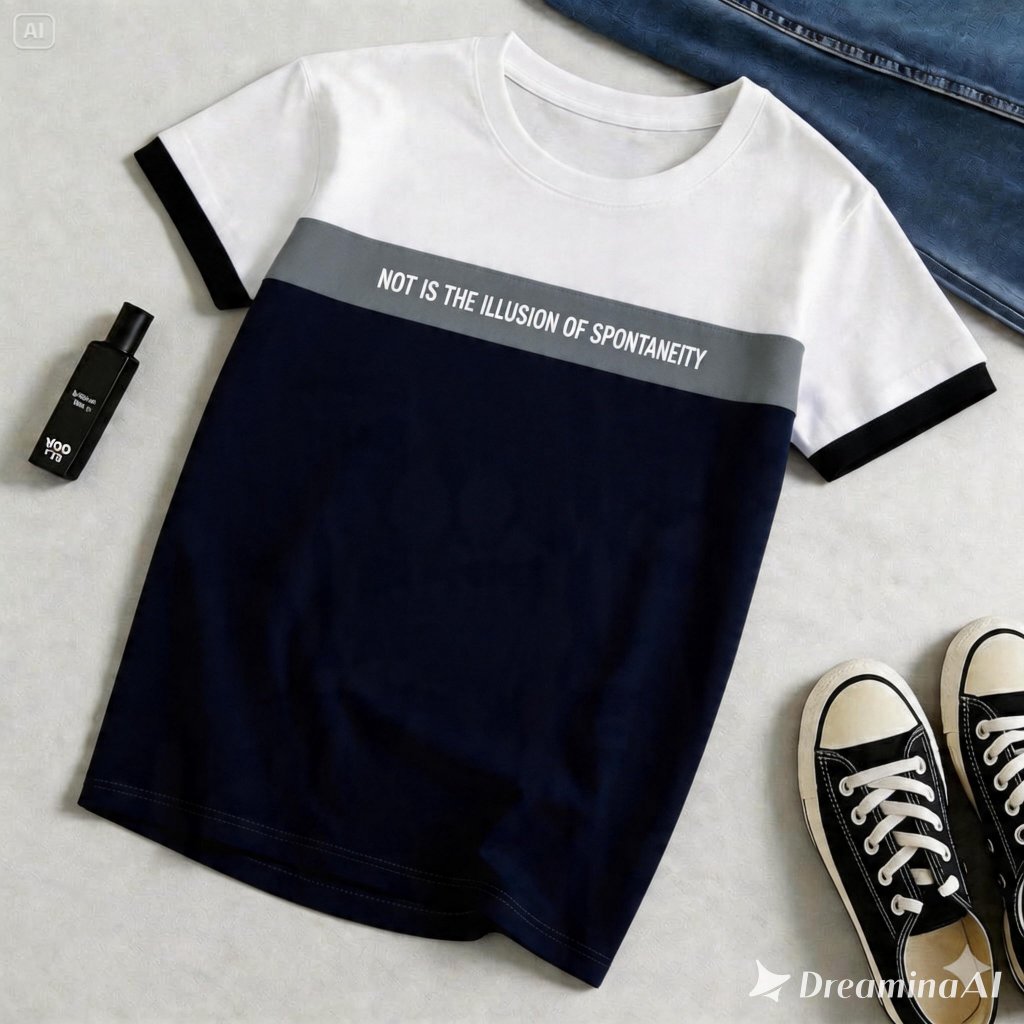 Kaos Pria Lengan Pendek Putih Biru Hitam Garis Motif Tulisan Modern Kasual Unisex Cotton Combed