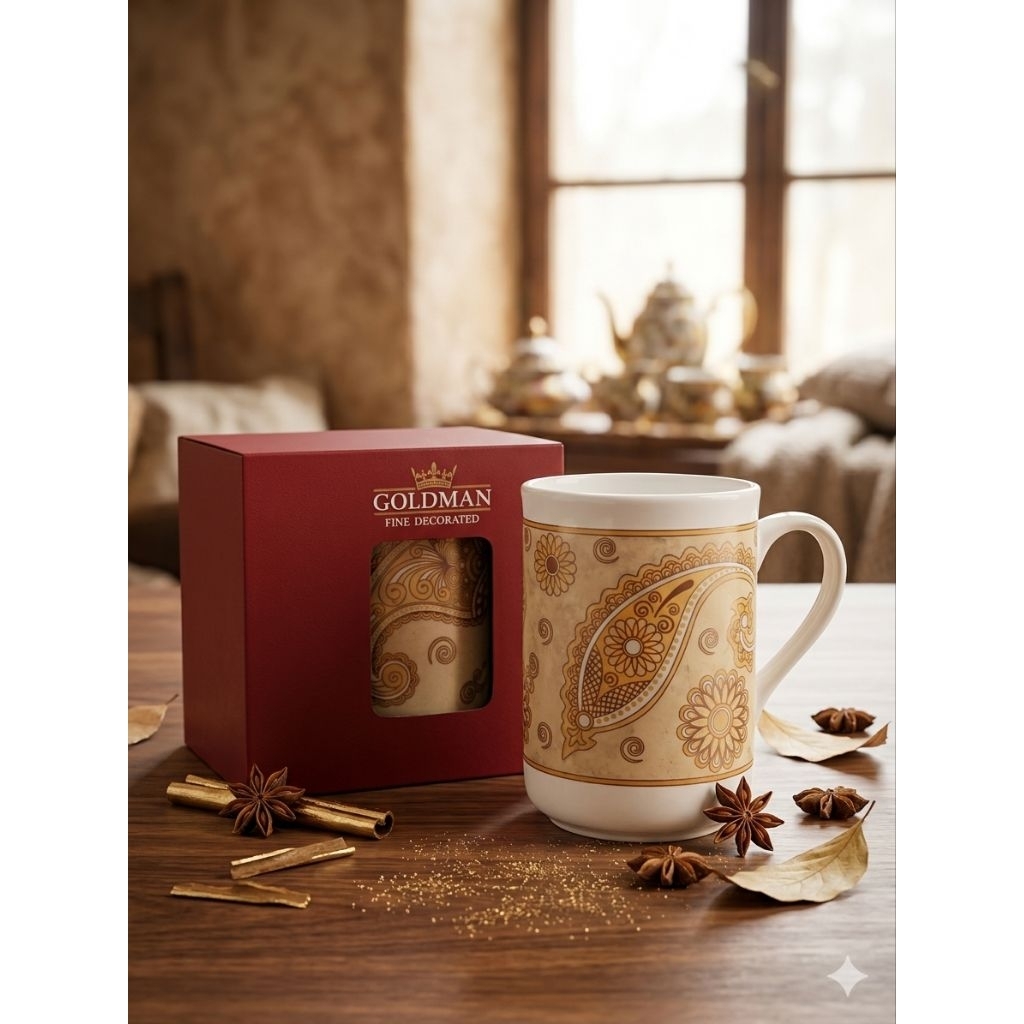 Mug Keramik Goldman Fine Decorated - Gelas Kopi Teh Motif Paisley Elegan Eksklusif dengan Box