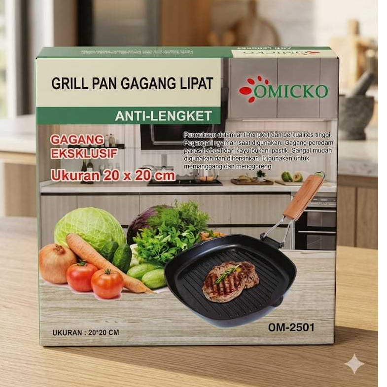 OMICKO Grill Pan pemanggang kotak Lipat Anti Lengket / OMICKO WAJAN FRYPAN SQUARE GRILL PAN 20CM PEN