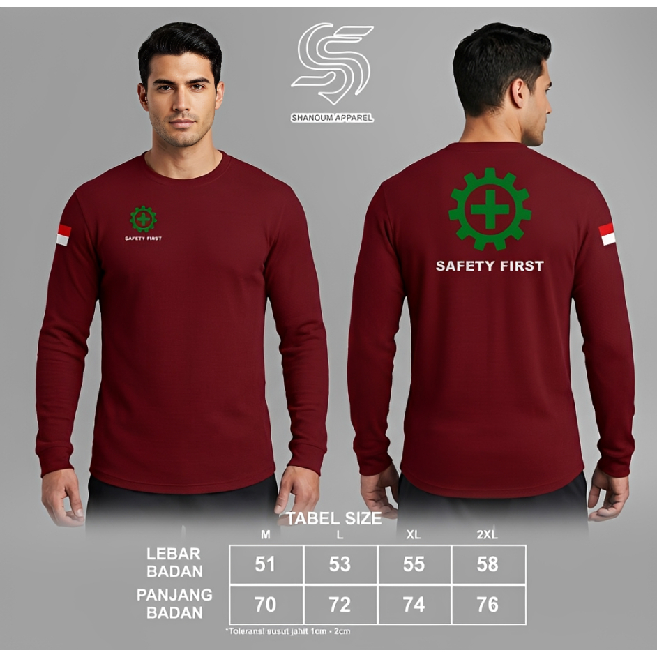 Kaos Jersey Safety First Lengan Panjang - Kaos K3 Safety First Maroon Lengan Panjang Seragam Safety 