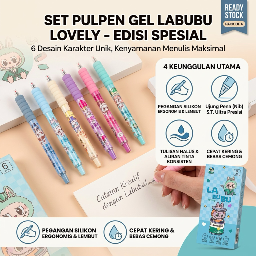 ISI 6PC PULPEN TINTA CAIR 0.5MM PULPEN LUCU ANAK SEKOLAH MOTIF LABUBU