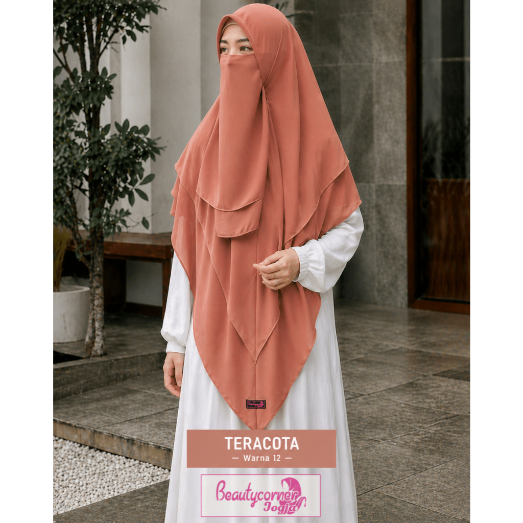 Khimar Instan dua layer Ceruty plus cadar/Kerudung segitiga instan syar'i 2 layer