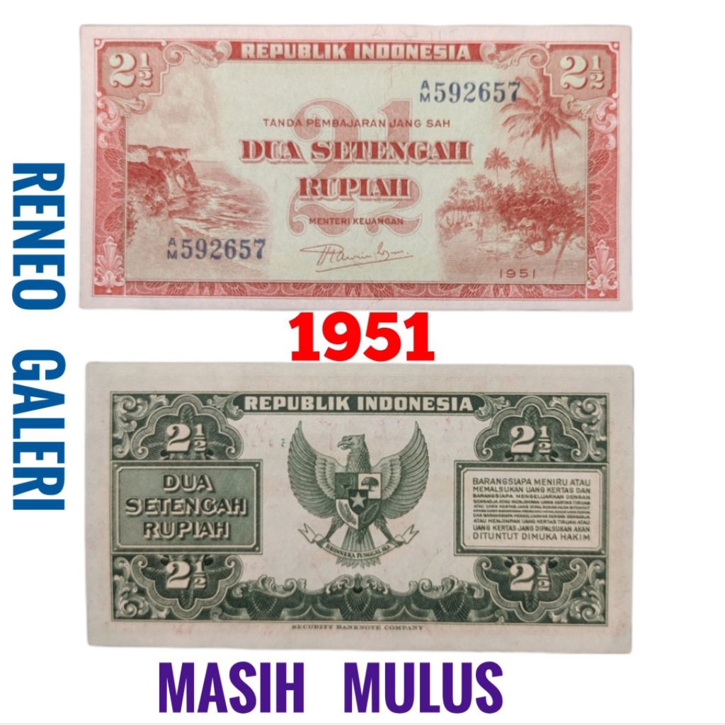 Mulus 2½ Rupiah Tahun 1951 asli Seri Pemandangan alam Uang kertas kuno Rp 2,5 1/2 setengah duit jadu