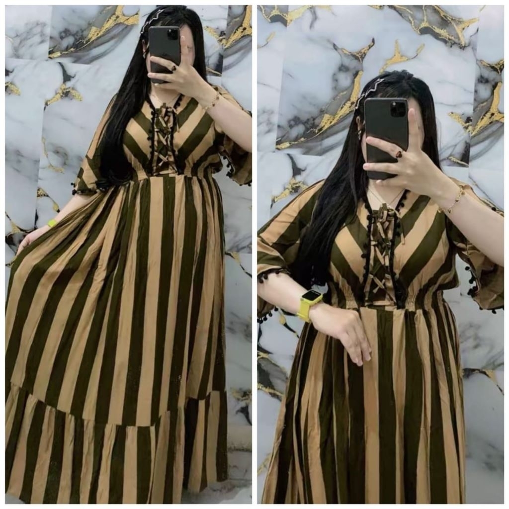 daster panjang motif salur pom2 bahan rayon tuwil