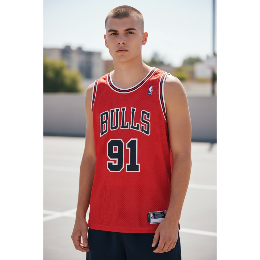 JERSEY BASKET PREMIUM IMPORT CLASSIC HWC BULLS 91 DENNIS RODMAN MERAH