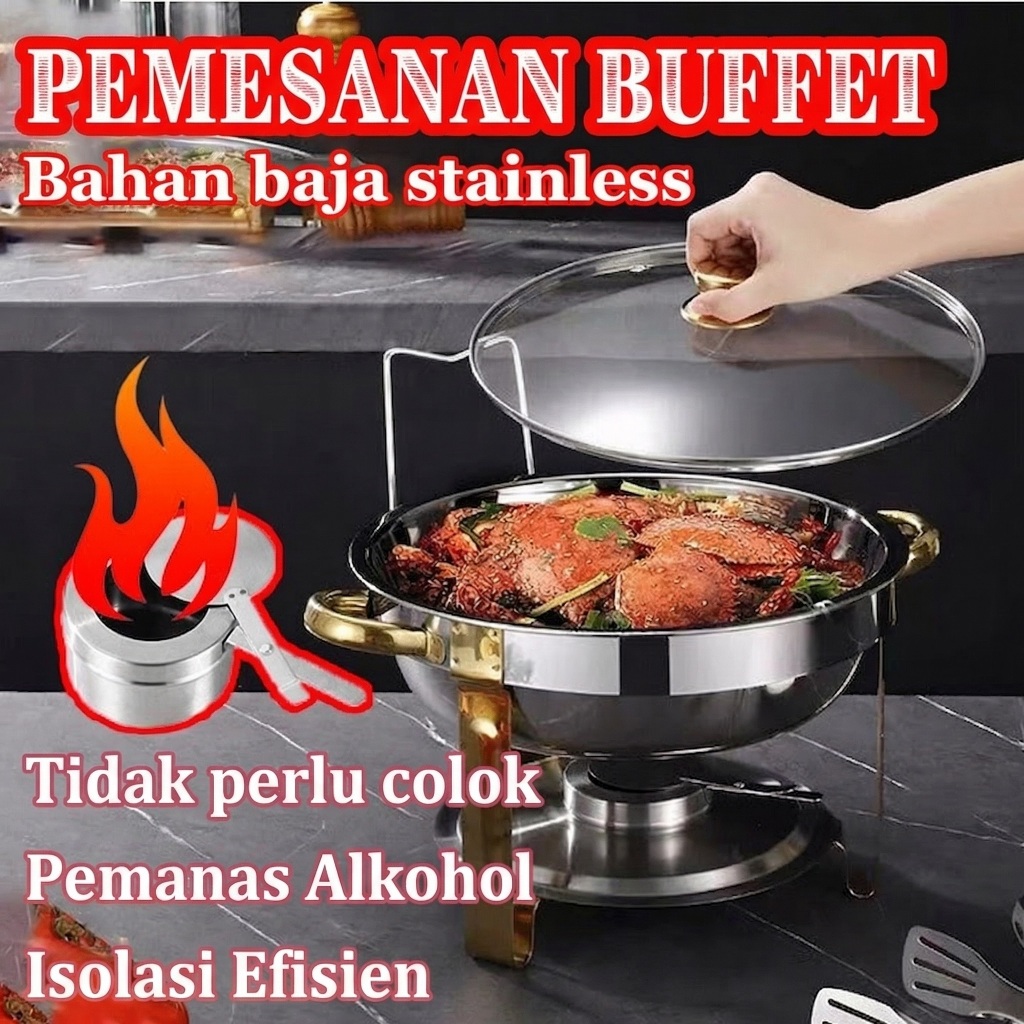 Chafing Dish Panci Prasmanan Bulat Tempat makan set prasmanan Dengan Pemanas Round Chafing Dish