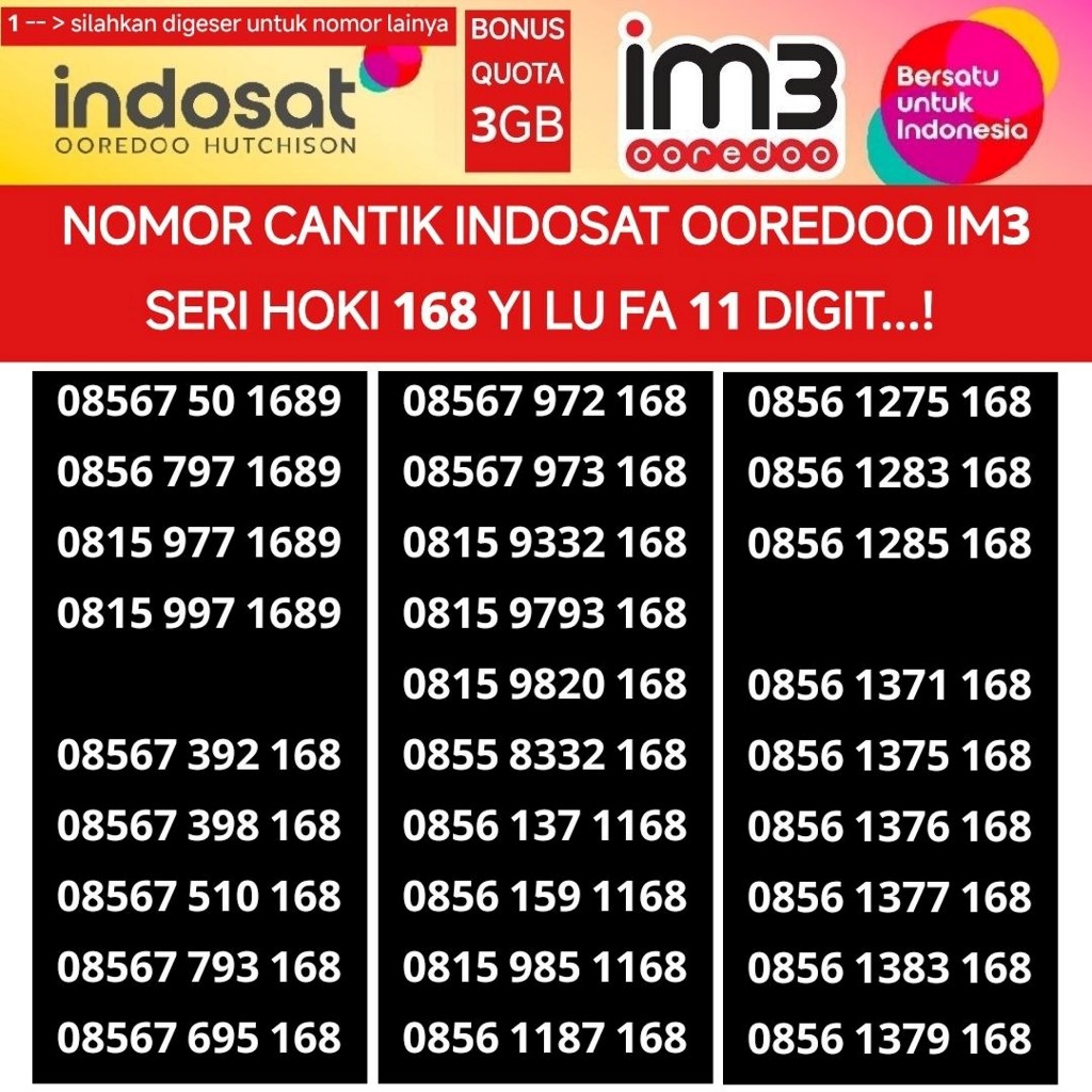 Indosat Ooredoo im3 168 hoki yi lu fa 11 digit bukan 10 digit nomer cantik kartu perdana nomor rapih