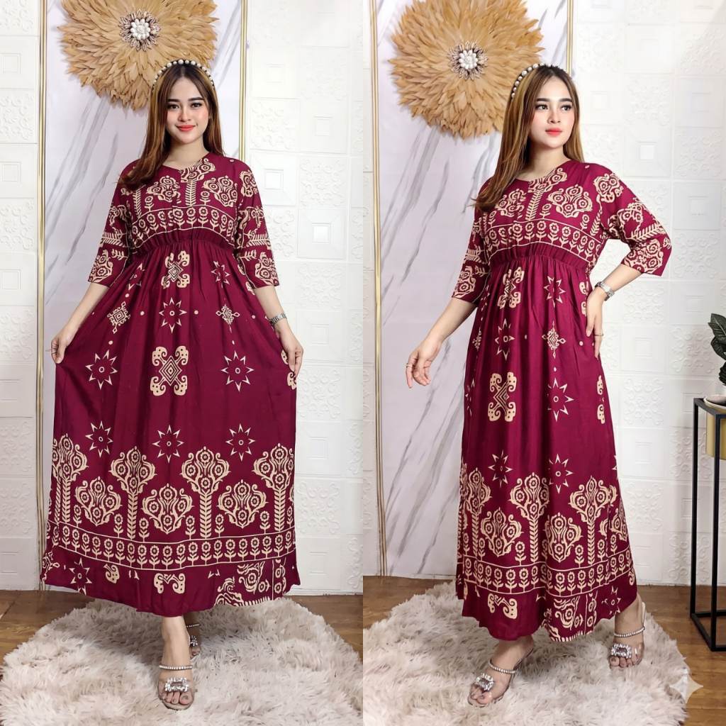 Daster Midi Dress Jumbo LD 120 Motif Sultan Kerut Dada Rayon Premium Nyaman Dipakai