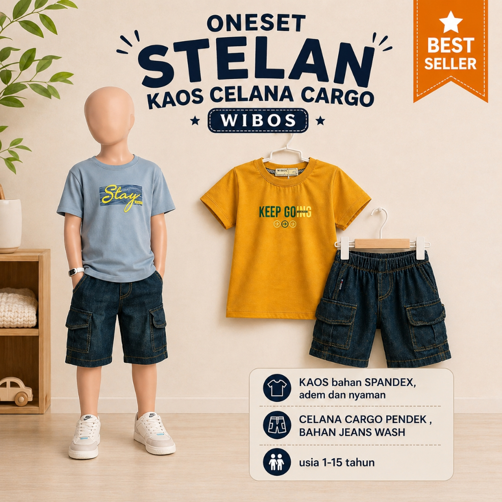 ONESET STELAN ANAK KAOS CELANA KARGO WIBOS