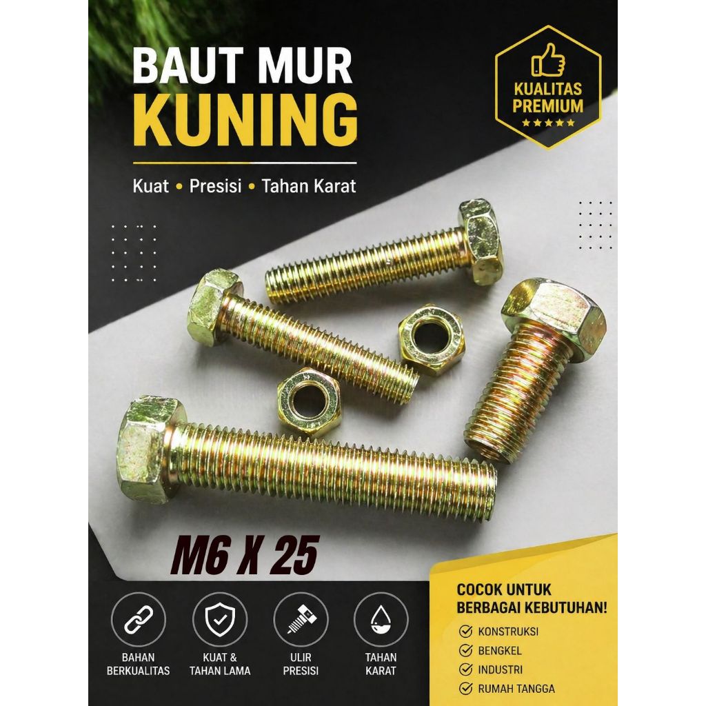 Baut Mur kuning M6 x 25  Kunci 10
