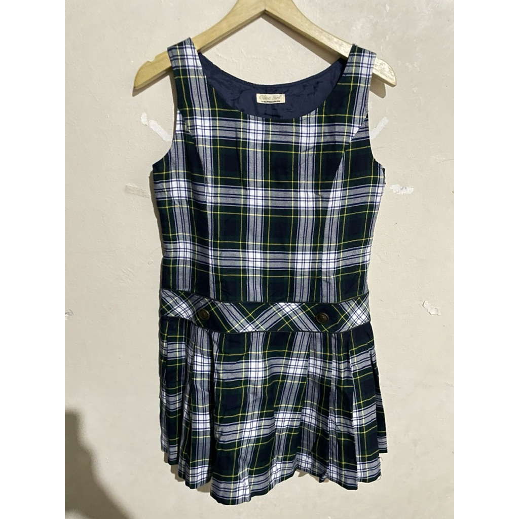 Dress Wanita Motif Kotak Hijau Navy Tanpa Lengan Korean Style