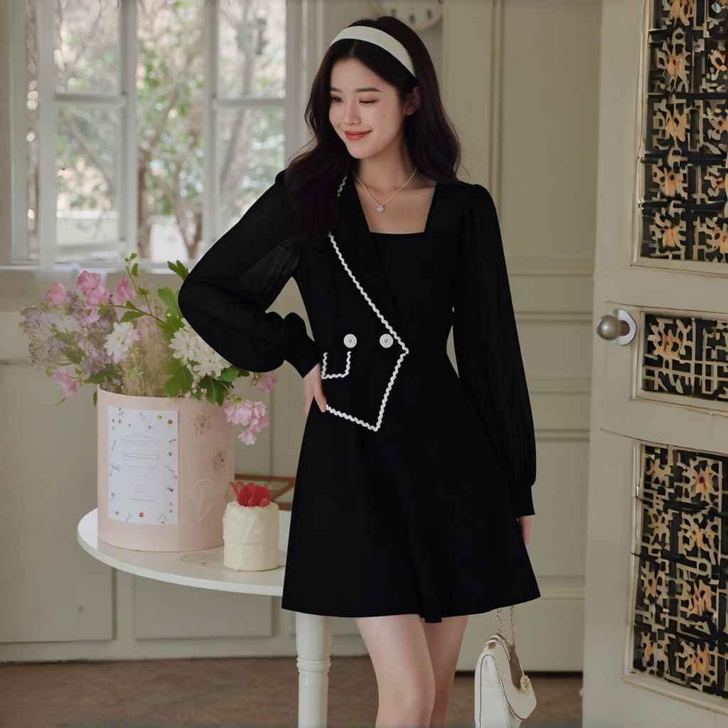 Blazar Dress Hitam Casual Wanita Remaja | Midi Black Dress Patchwork Tidak Simetris