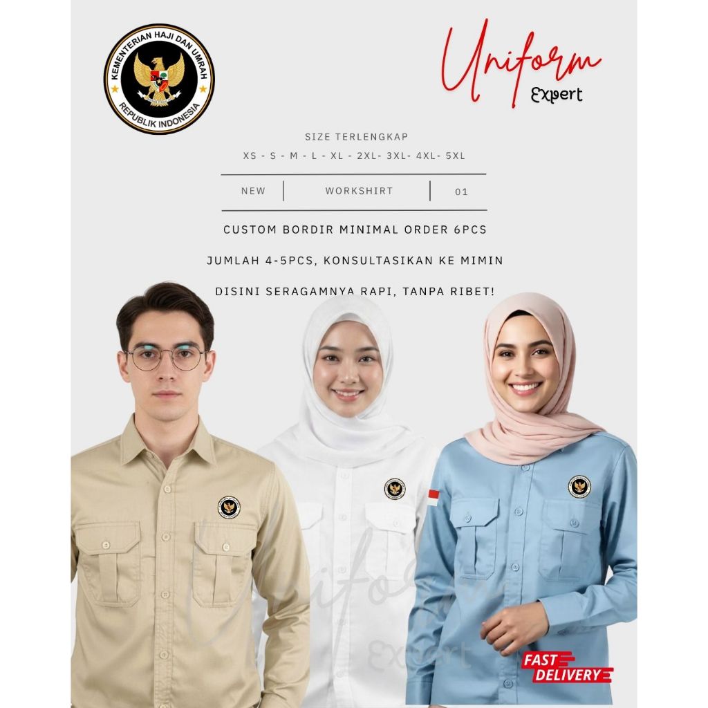 Seragam KEMENHAJ Terbaru Pria Wanita, Baju/ Kemeja Kerja Instansi Warna Krem Muda, Putih, Biru Muda 