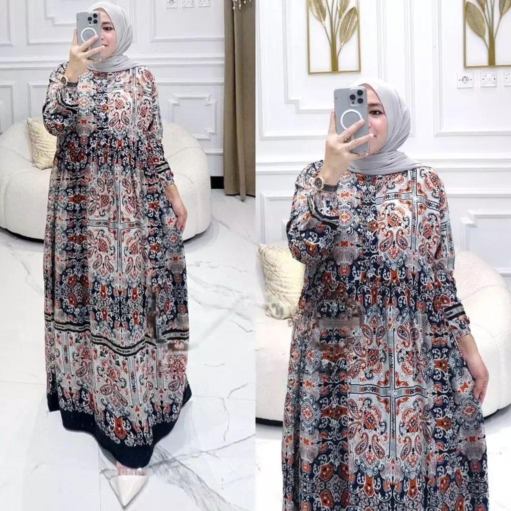 Gamis Muslimah Lengan Panjang Motif Batik Etnik Warna Hitam Merah Motif Bunga